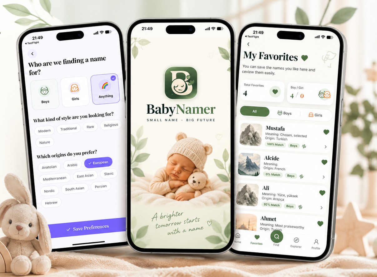 Three BabiNamer screens: choosing gender, style and origins; the app's welcome screen; and a saved favourites list.
